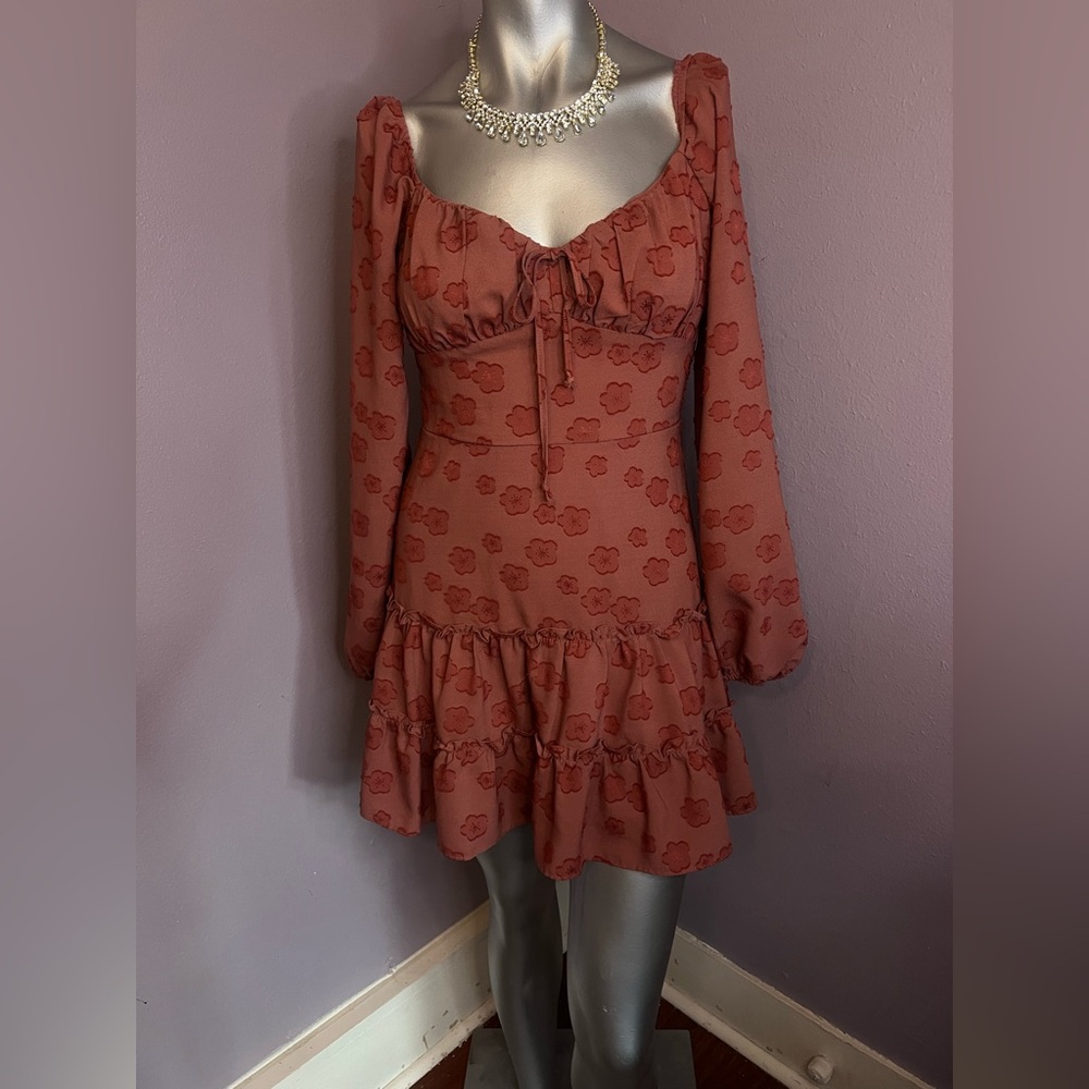 City Studio Rust Floral Long-Sleeve Ruffle Mini Dress